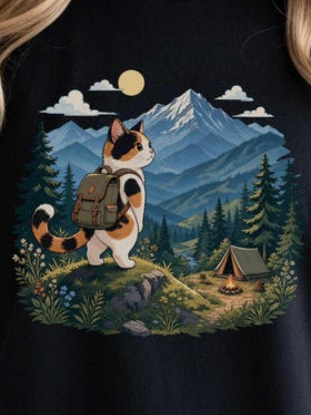 Cute Calico Cat Camping Mountains Tshirt - Picture 2 of 4